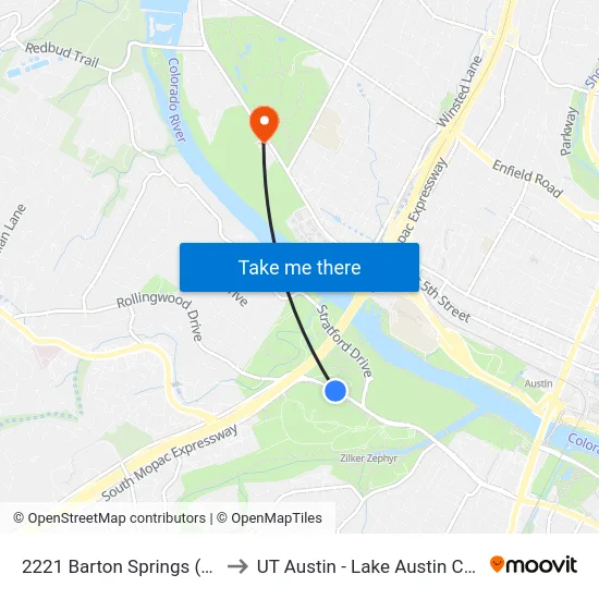 2221 Barton Springs (Zilker) to UT Austin - Lake Austin Campus map