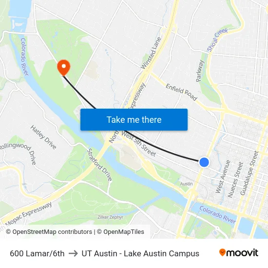 600 Lamar/6th to UT Austin - Lake Austin Campus map