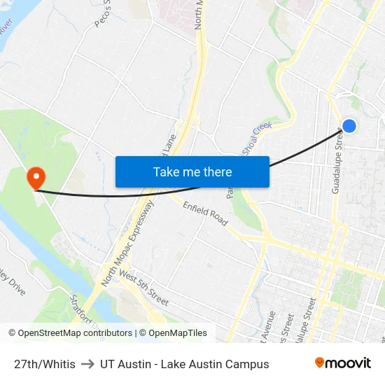 27th/Whitis to UT Austin - Lake Austin Campus map