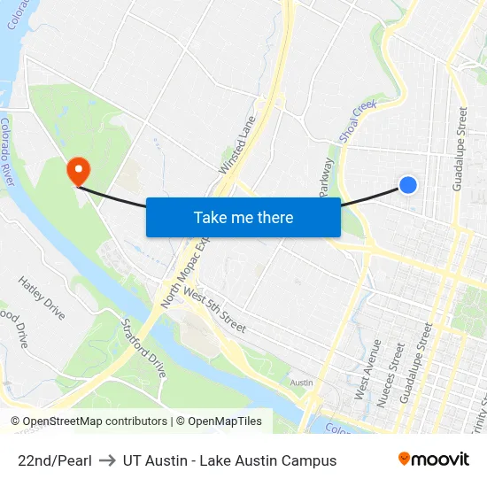 22nd/Pearl to UT Austin - Lake Austin Campus map