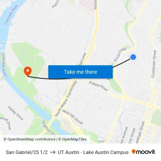 San Gabriel/25 1/2 to UT Austin - Lake Austin Campus map