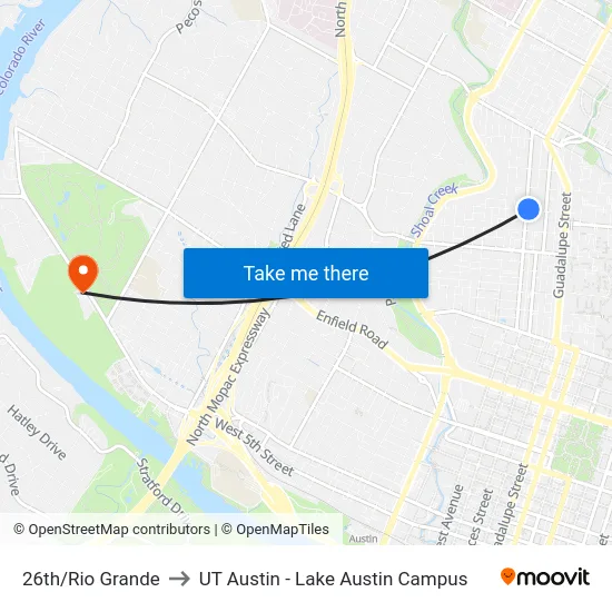26th/Rio Grande to UT Austin - Lake Austin Campus map