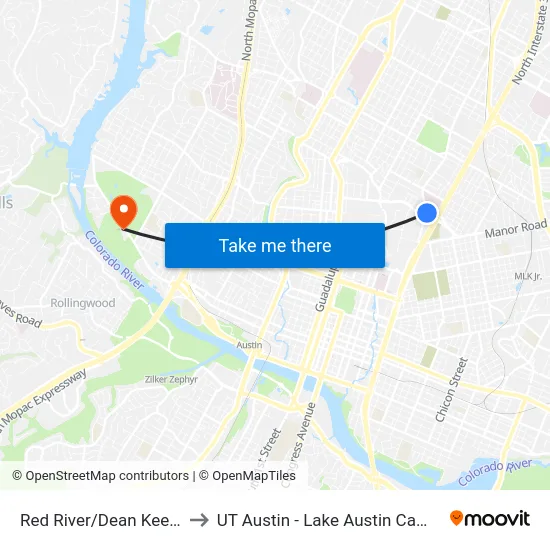 Red River/Dean Keeton to UT Austin - Lake Austin Campus map