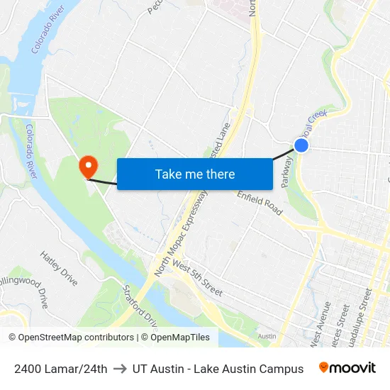 2400 Lamar/24th to UT Austin - Lake Austin Campus map
