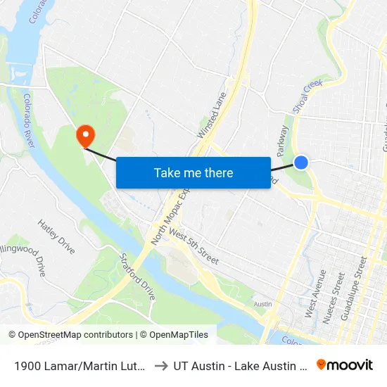 1900 Lamar/Martin Luther King to UT Austin - Lake Austin Campus map