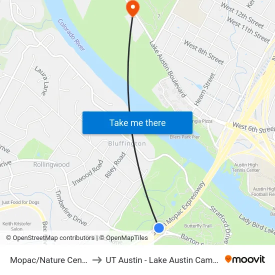 Mopac/Nature Center to UT Austin - Lake Austin Campus map