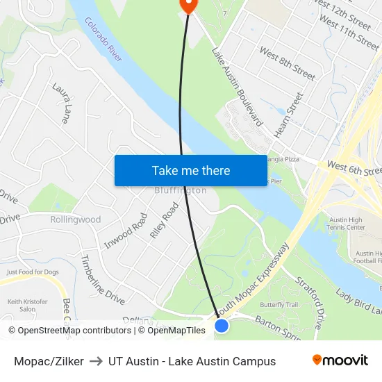 Mopac/Zilker to UT Austin - Lake Austin Campus map