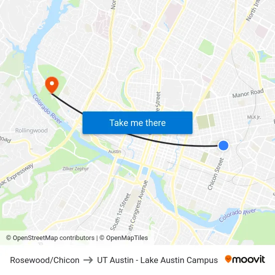Rosewood/Chicon to UT Austin - Lake Austin Campus map