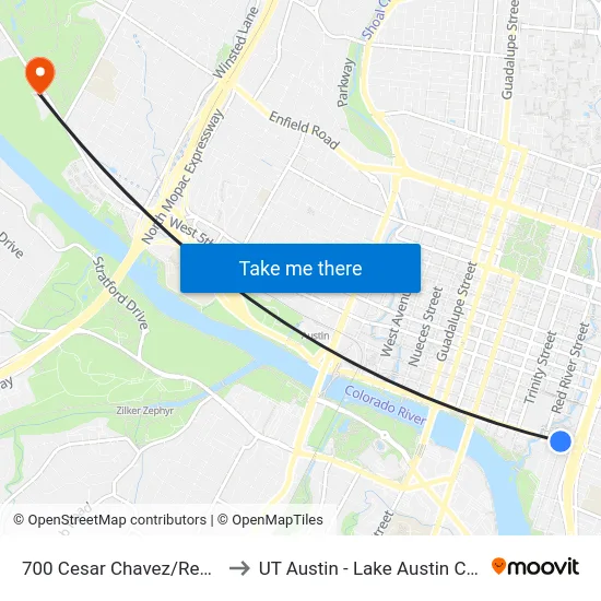 700 Cesar Chavez/Red River to UT Austin - Lake Austin Campus map