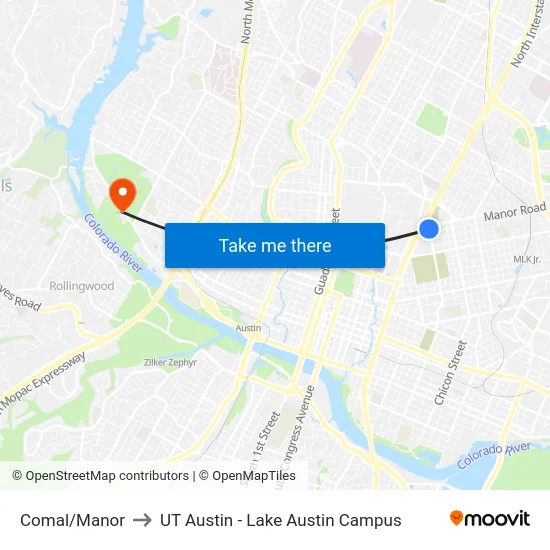 Comal/Manor to UT Austin - Lake Austin Campus map