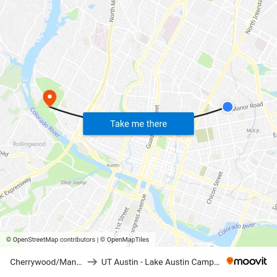 Cherrywood/Manor to UT Austin - Lake Austin Campus map
