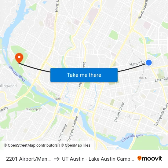 2201 Airport/Manor to UT Austin - Lake Austin Campus map
