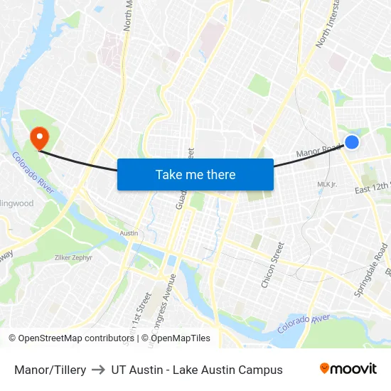 Manor/Tillery to UT Austin - Lake Austin Campus map