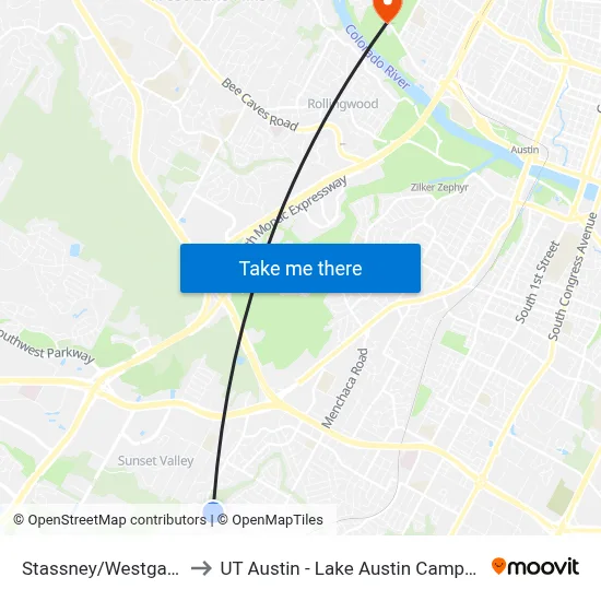 Stassney/Westgate to UT Austin - Lake Austin Campus map