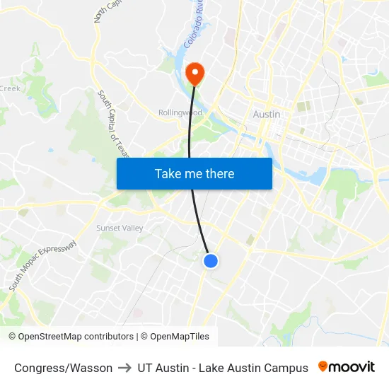 Congress/Wasson to UT Austin - Lake Austin Campus map