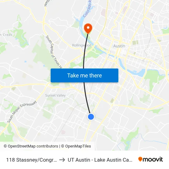 118 Stassney/Congress to UT Austin - Lake Austin Campus map