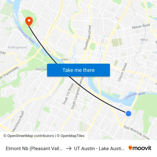 Elmont Nb (Pleasant Valley/Elmont) to UT Austin - Lake Austin Campus map