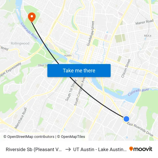 Riverside Sb (Pleasant Valley Heb) to UT Austin - Lake Austin Campus map