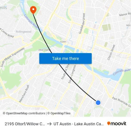 2195 Oltorf/Willow Creek to UT Austin - Lake Austin Campus map