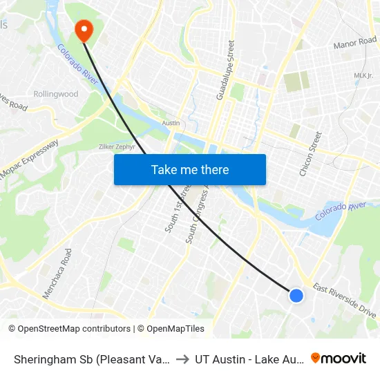 Sheringham Sb (Pleasant Valley/Sheringham) to UT Austin - Lake Austin Campus map