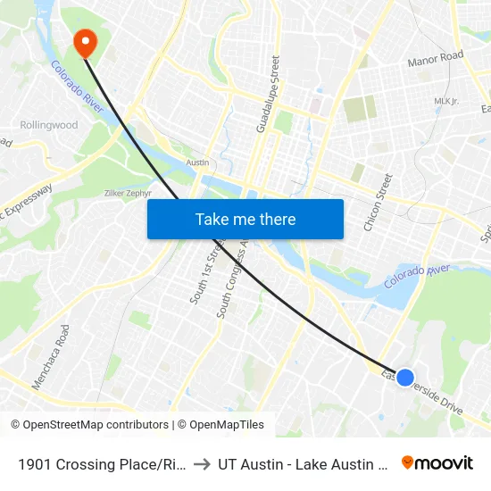1901 Crossing Place/Riverside to UT Austin - Lake Austin Campus map