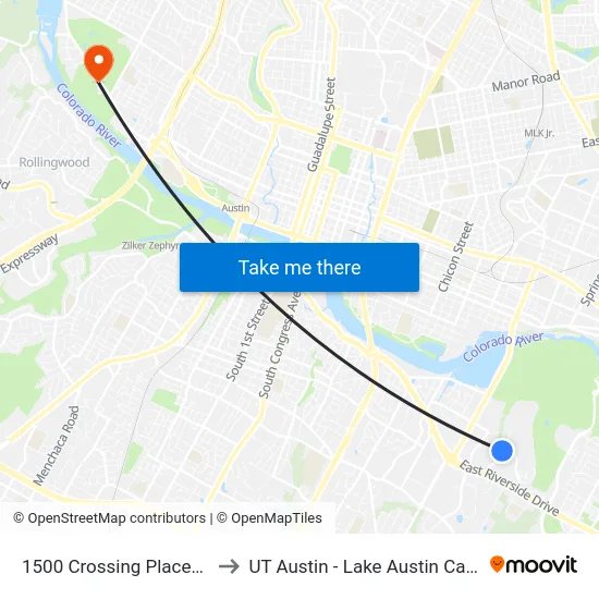 1500 Crossing Place/Faro to UT Austin - Lake Austin Campus map