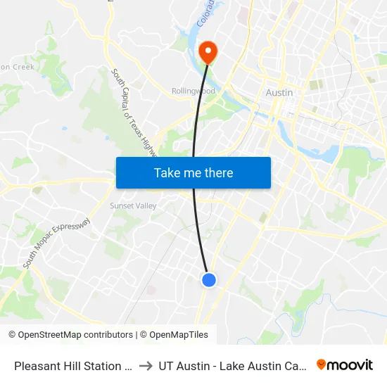Pleasant Hill Station (Nb) to UT Austin - Lake Austin Campus map