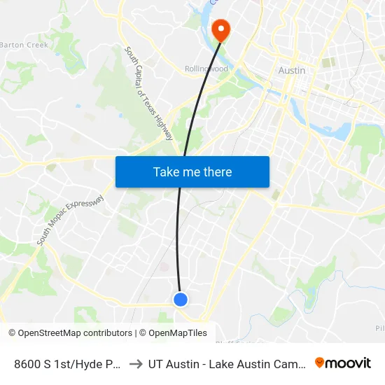 8600 S 1st/Hyde Park to UT Austin - Lake Austin Campus map
