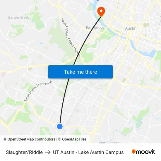Slaughter/Riddle to UT Austin - Lake Austin Campus map