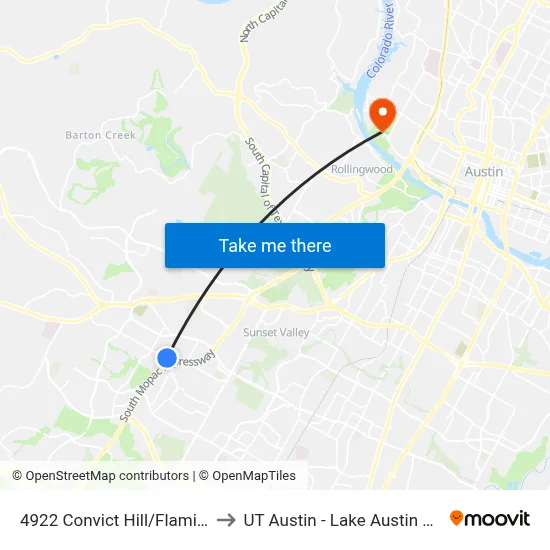 4922 Convict Hill/Flaming Oak to UT Austin - Lake Austin Campus map