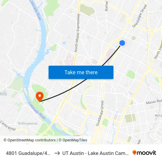 4801 Guadalupe/46th to UT Austin - Lake Austin Campus map