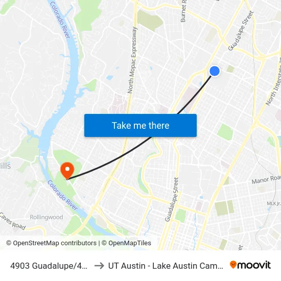 4903 Guadalupe/46th to UT Austin - Lake Austin Campus map