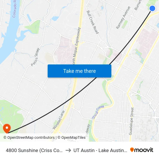 4800 Sunshine (Criss Cole Rehab) to UT Austin - Lake Austin Campus map