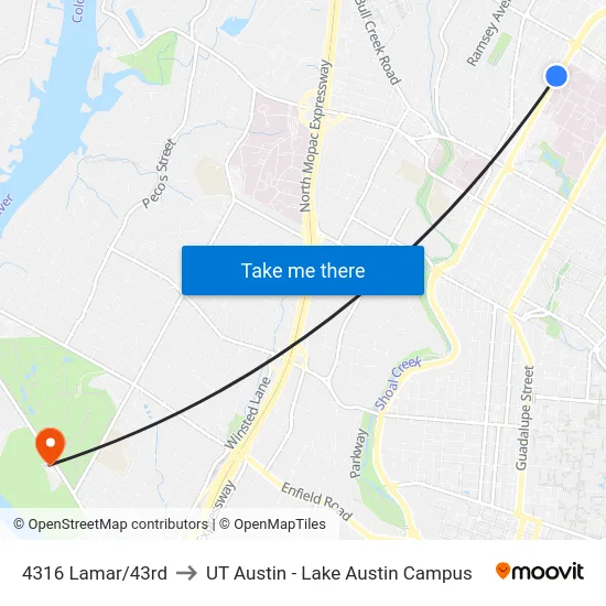 4316 Lamar/43rd to UT Austin - Lake Austin Campus map