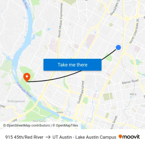 915 45th/Red River to UT Austin - Lake Austin Campus map