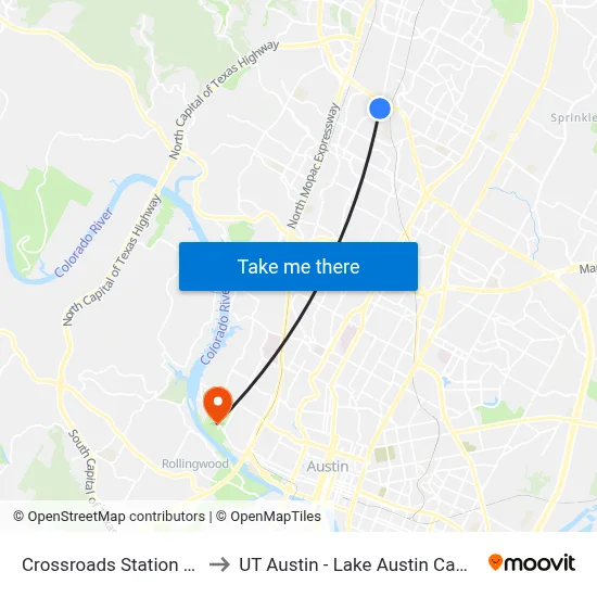 Crossroads Station (Sb) to UT Austin - Lake Austin Campus map
