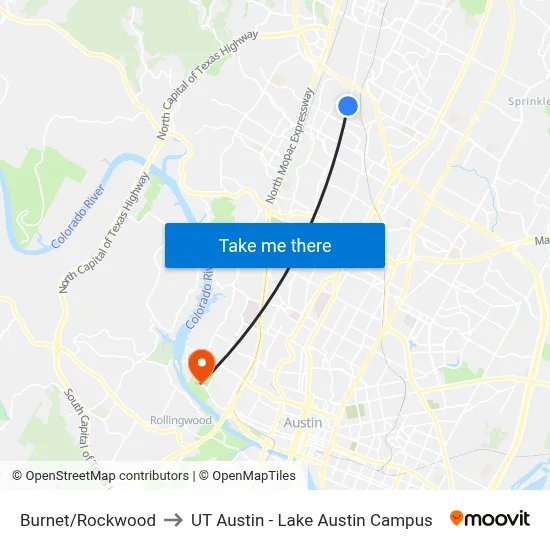 Burnet/Rockwood to UT Austin - Lake Austin Campus map