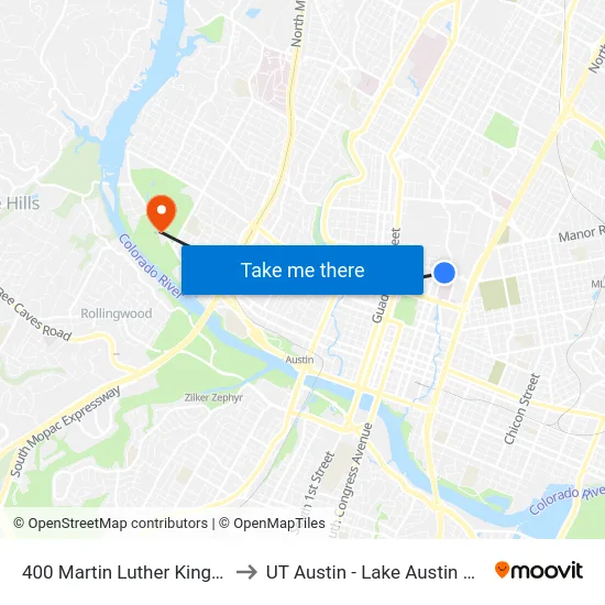 400 Martin Luther King/Trinity to UT Austin - Lake Austin Campus map