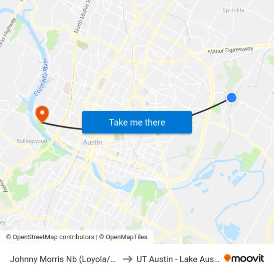 Johnny Morris Nb (Loyola/Johnny Morris) to UT Austin - Lake Austin Campus map