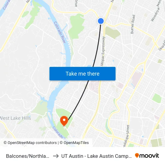 Balcones/Northland to UT Austin - Lake Austin Campus map