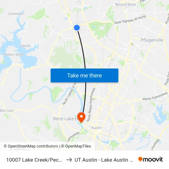 10007 Lake Creek/Pecan Park to UT Austin - Lake Austin Campus map