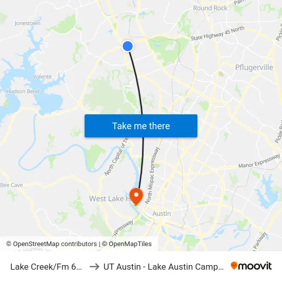 Lake Creek/Fm 620 to UT Austin - Lake Austin Campus map