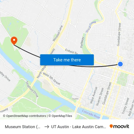 Museum Station (Nb) to UT Austin - Lake Austin Campus map
