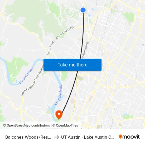Balcones Woods/Research to UT Austin - Lake Austin Campus map