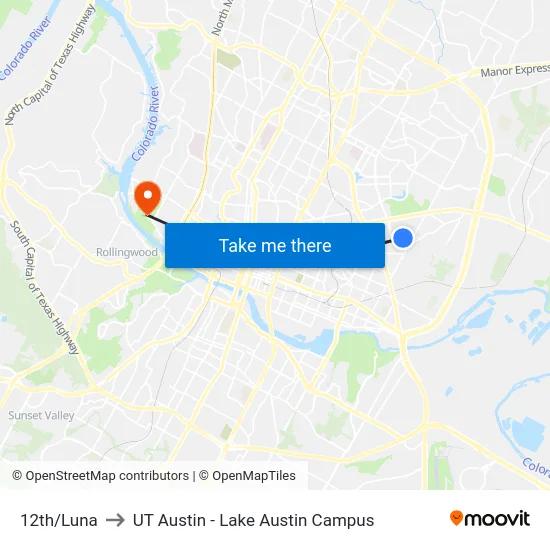 12th/Luna to UT Austin - Lake Austin Campus map