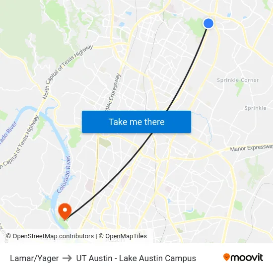 Lamar/Yager to UT Austin - Lake Austin Campus map