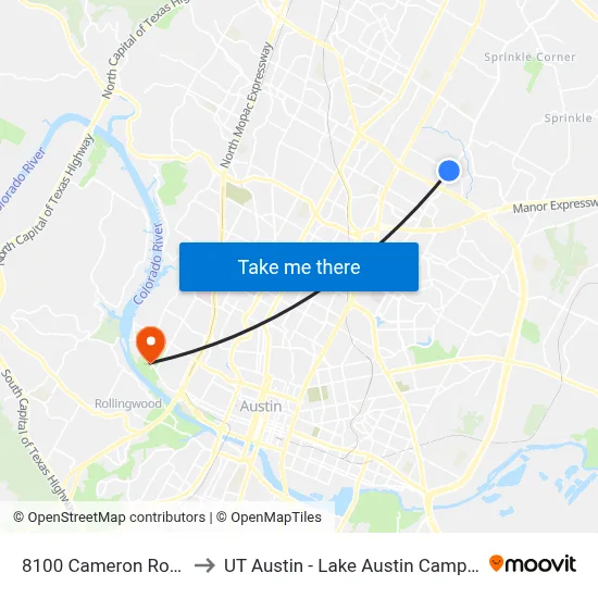 8100 Cameron Road to UT Austin - Lake Austin Campus map