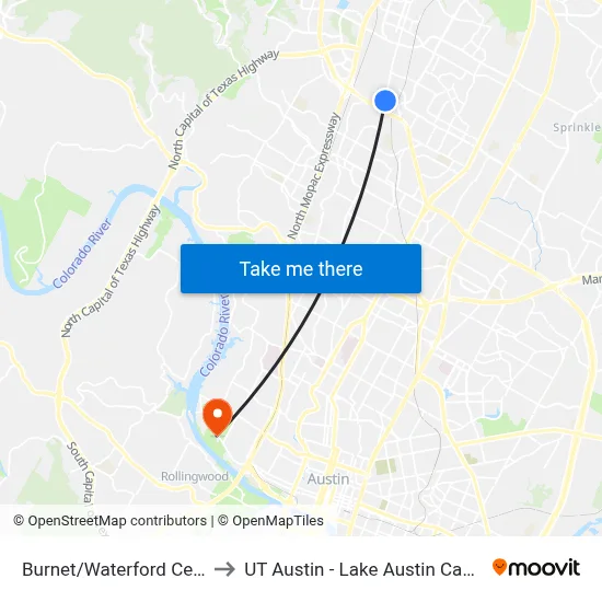 Burnet/Waterford Center to UT Austin - Lake Austin Campus map