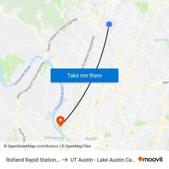 Rutland Rapid Station (Sb) to UT Austin - Lake Austin Campus map