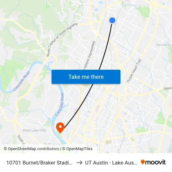 10701 Burnet/Braker Stadium Rapid (Nb) to UT Austin - Lake Austin Campus map